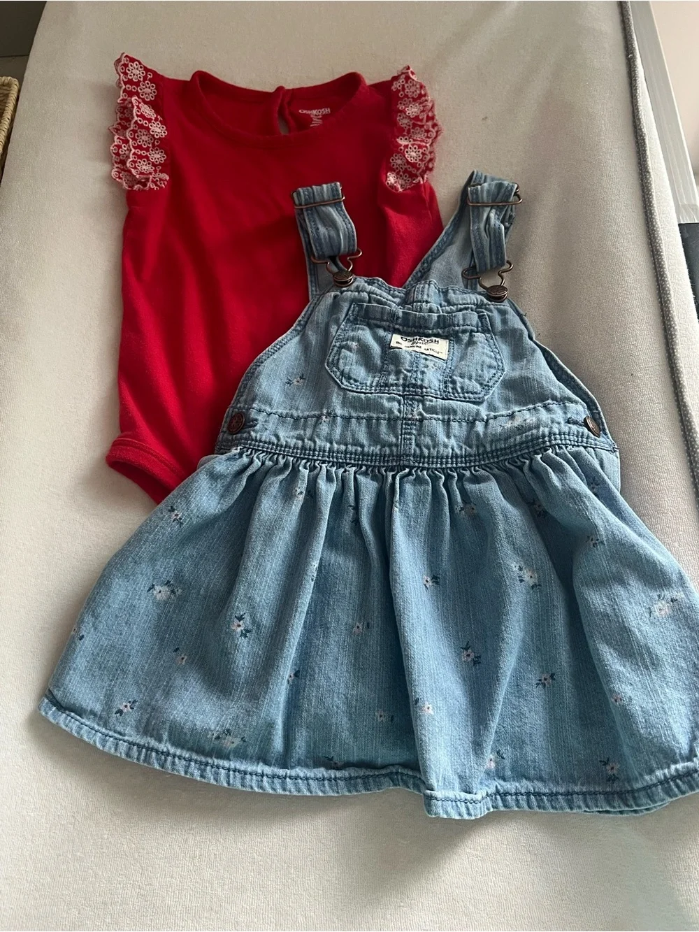 OshKosh B'gosh Light Blue Denim Pinafore with Red Ruffled Top
